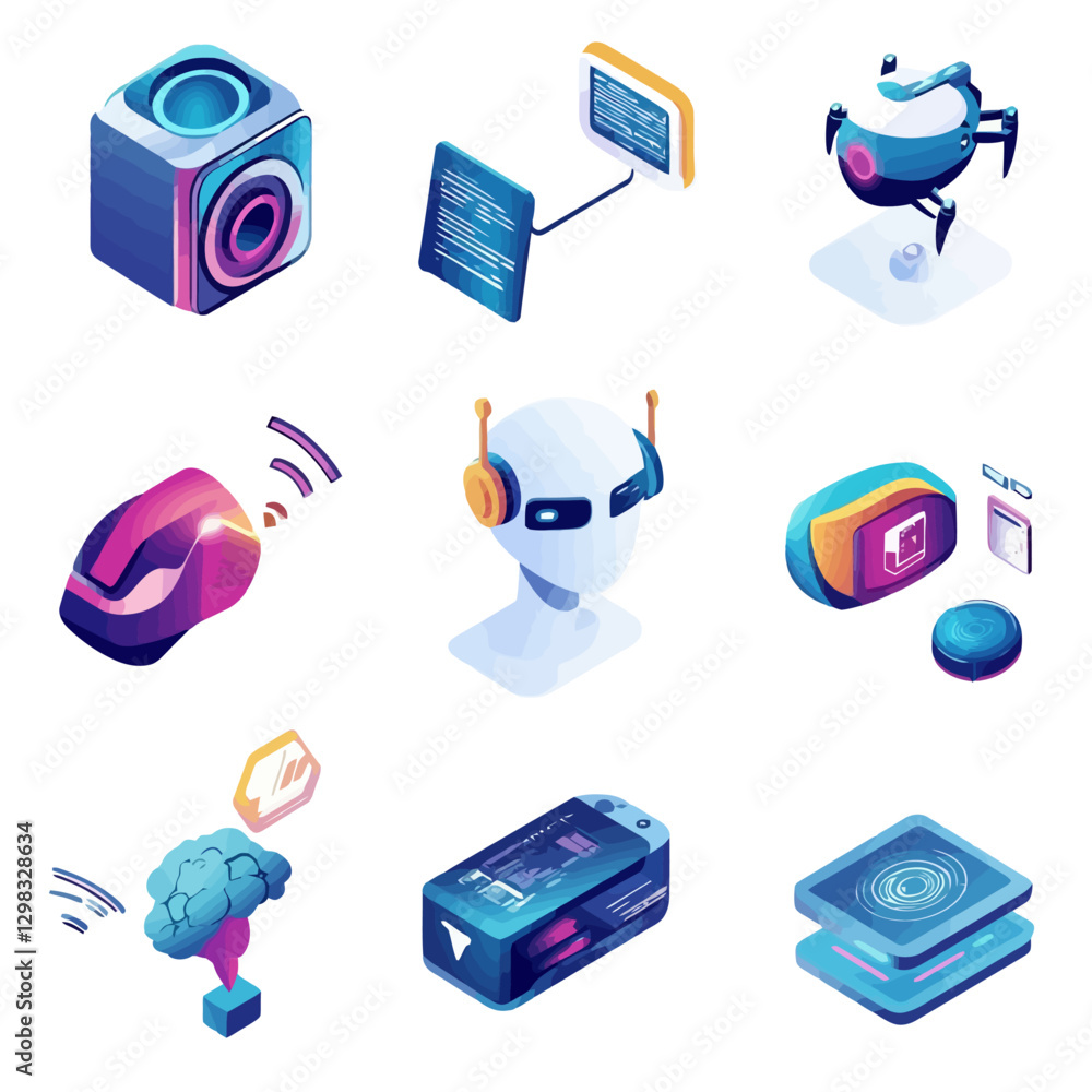 Poster futuristic isometric tech icons showcasing ai, robotics and connectivity