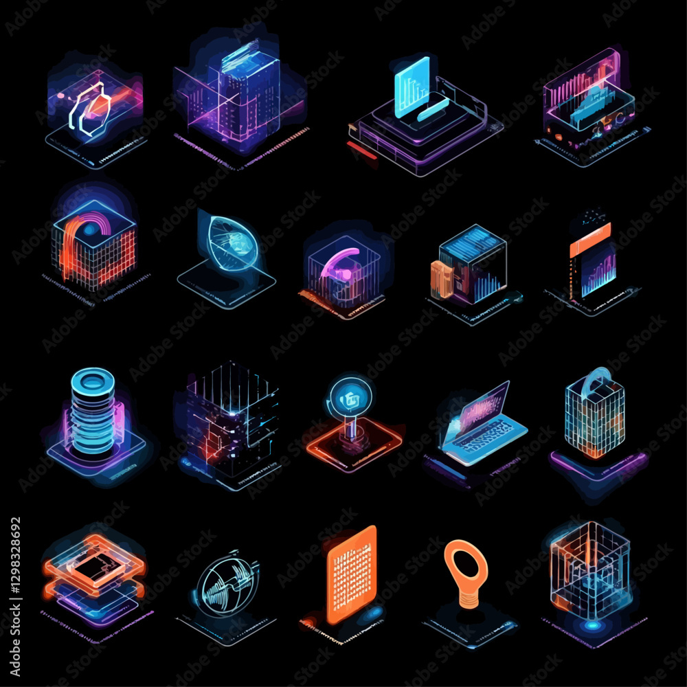 Poster isometric neon tech icons with blockchain, data, and futuristic elements