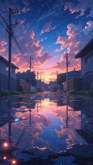 Beautiful Wet Path Through a Residential Neighborhood with Reflections of Homes Beneath Bright Clouds and Clear Skies After an Afternoon Rain Anime Style Wallpaper Background