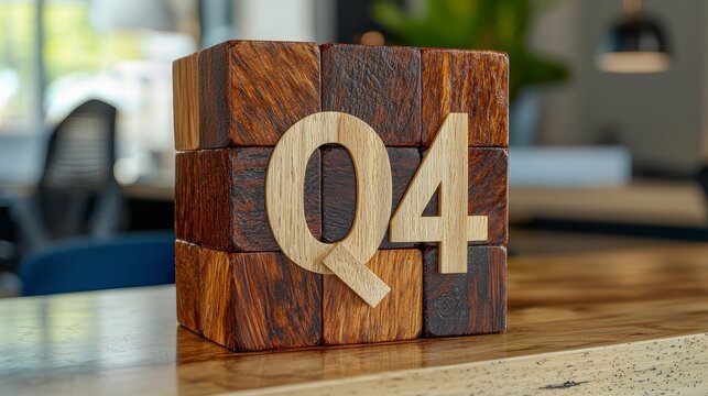 Captivating wooden blocks displaying 'Q4', symbolizing the fourth quarter, showcase the essence of business, finance, and strategic planning The earthy textures of the wood contrast beautifully with