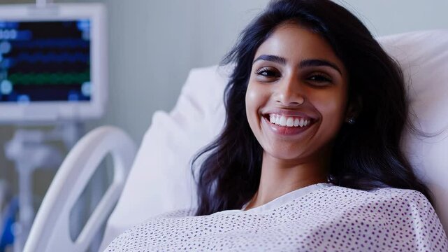 Young indian woman recovering in hospital bed and smiling on camera - Medical, patient and health care concept - Model by AI generative