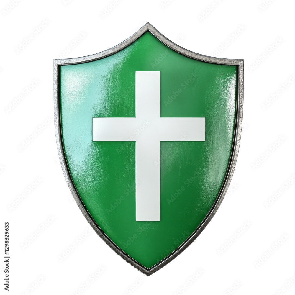 Poster green shield with transparent cross symbolizing protection and peace, suitable for various contexts 