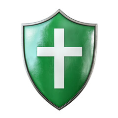 Obraz premium Green shield with transparent cross symbolizing protection and peace, suitable for various contexts and interpretations, green shield with transparent cross icon 3d isolated on transparent background