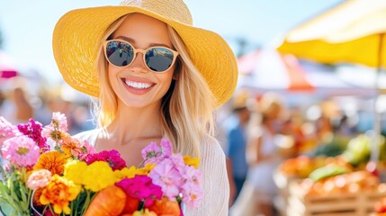 Fototapeta premium Blonde Woman Carrying Colorful Flowers In Market