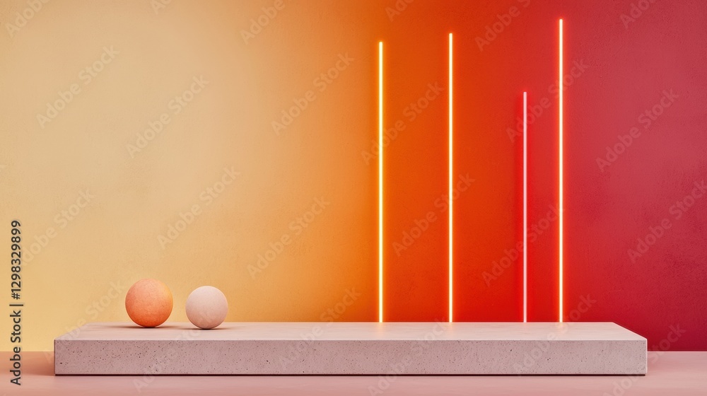 Poster a minimalist display of three spheres and three glowing lines on a gradient wall.