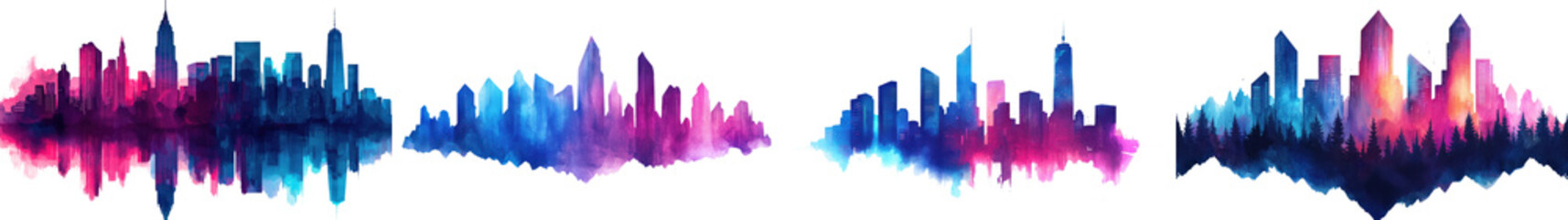 Fototapeta premium Vibrant Cityscape Silhouettes with Futuristic Digital Gradient Patterns Colorful Abstract Skyline Featuring Skyscrapers and Modern Architecture
