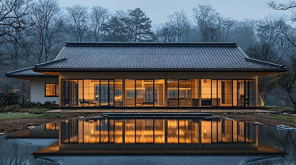 Modern Japanese house reflecting in tranquil pond at dusk