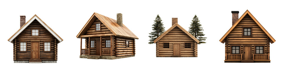 Collection of Charming Wooden Log Cabins in Snowy Winter Landscape Rustic Mountain Forest Retreat Cottages for Outdoor Adventure and Relaxation