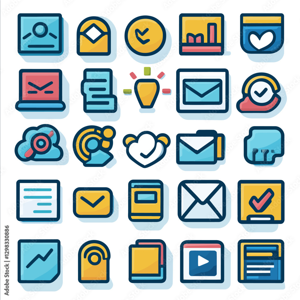 Aufkleber set of colorful icons representing business and communication concepts