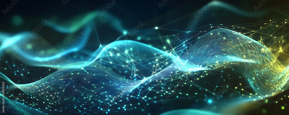 Poster abstract data network flows across a blue wavy surface