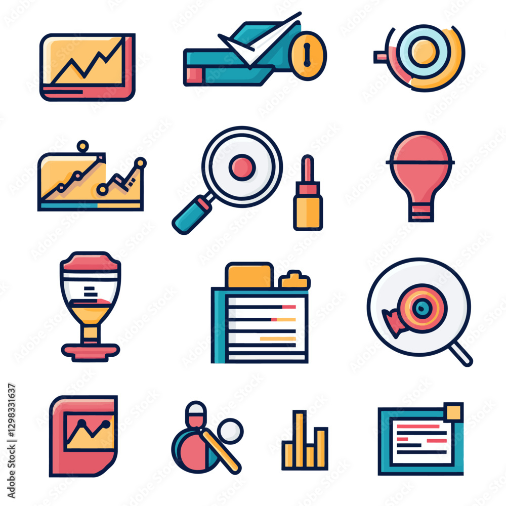 Poster data analysis icon set shows charts magnifier and tools on white background