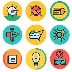 Business strategy icons on colorful circles for commercial use