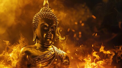 A golden Buddha statue with a fiery background.
