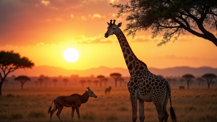 Giraffes against the backdrop of a bright sunset in the savannah