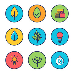 Icon Set for Green Energy, Finance, and Growth with Tree and Lightbulb