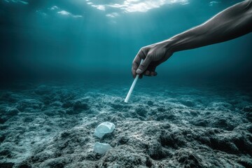 Human Hand Collecting Plastic Waste Underwater in Ocean Environment