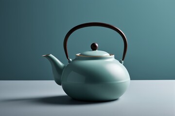 there is a tea pot with a wooden handle on a table