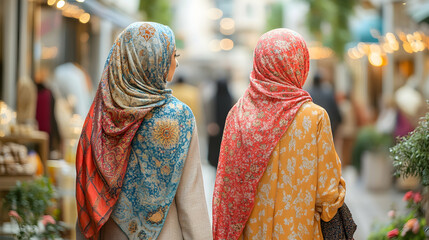 Fototapeta premium Women in headscarves stroll through bustling market