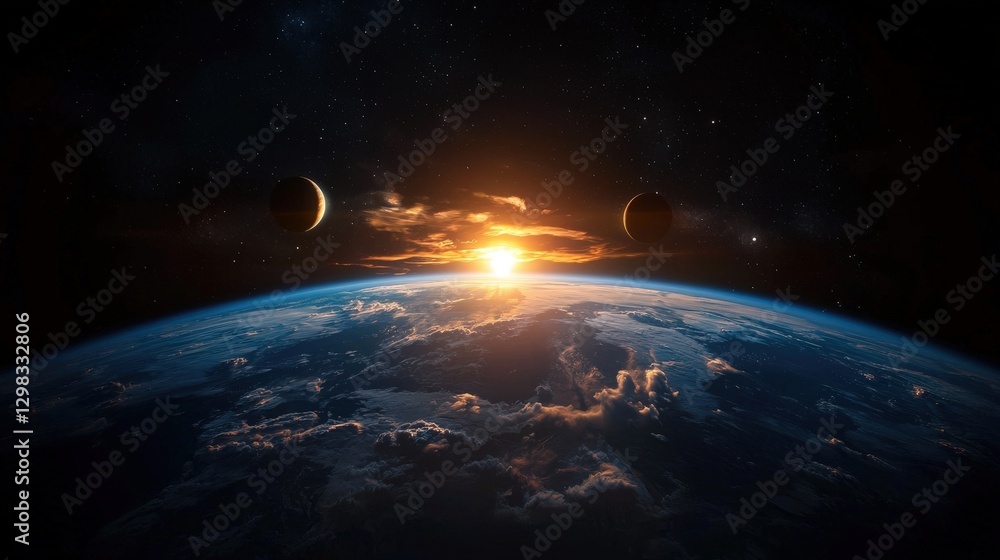 Poster sunrise over earth, view from space with planets and clouds in the background