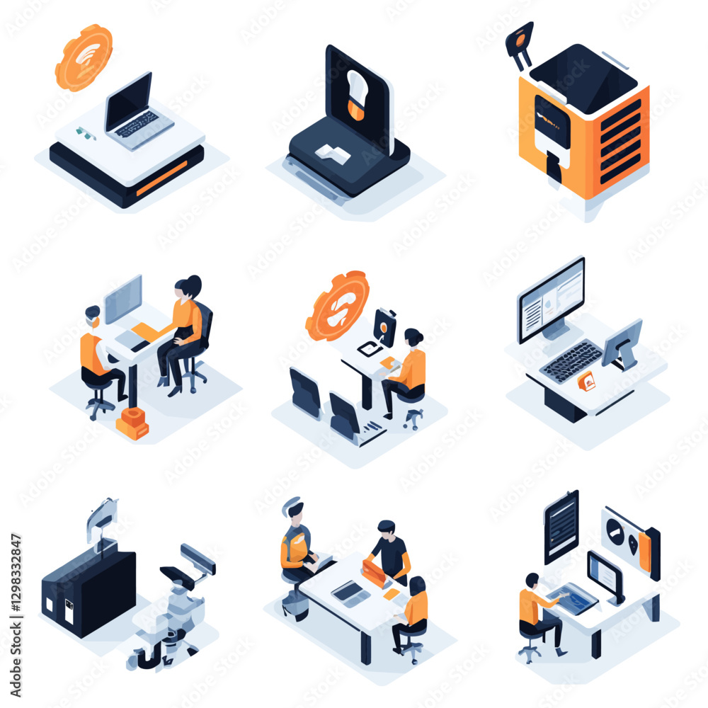 Aufkleber isometric workplace: people at desks using computers and collaborating