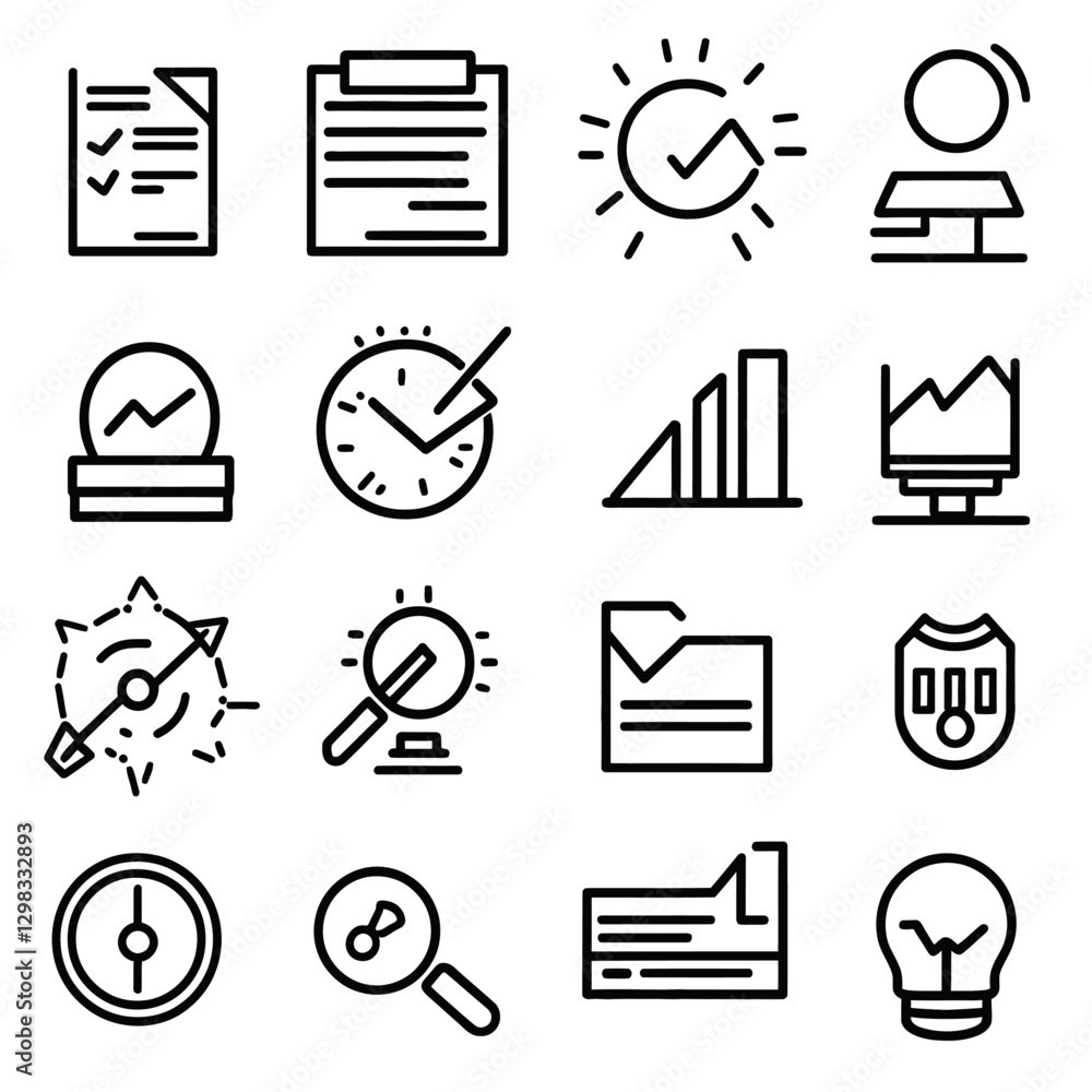 Poster business data analytics and productivity tools line icons for design