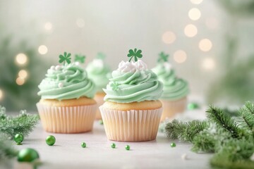 Saint patrick's day cupcakes with green frosting and shamrock decorations