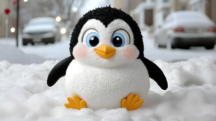 Obraz premium Adorable cartoon penguin character sitting in the fresh white snow on a blurry winter street.