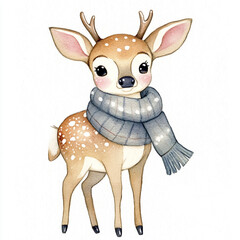 A Tiny Deer Wrapped in a Cozy Scarf Minimalist Style Isolated on White Background Perfect for Nature Lovers and Winter Themes Cute Animal Portrait for Holiday Decor