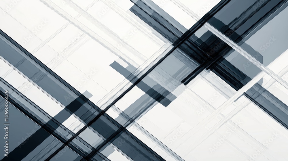Poster a geometric design composed of intersecting lines and rectangles in shades of gray and white.