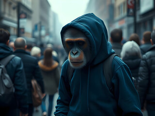 a monkey wearing a dark blue hoodie, hurrying down a city street with a backdrop of pedestrians