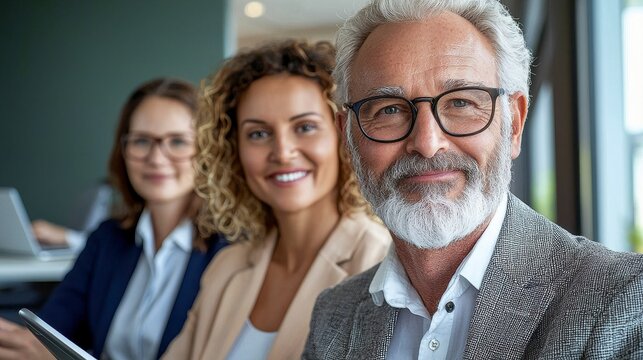 Diverse Team Success Portrait of Experienced Professionals in Modern Office Explore the power of collaboration, leadership, and innovation with this image showcasing a successful, multi-generational