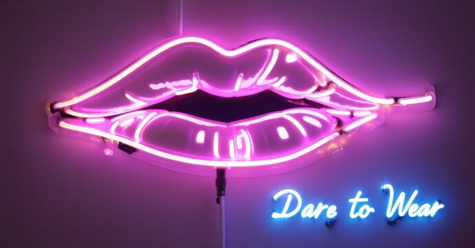 Neon sign dare wear bold lipstick kiss glowing high heels edgy statement accessories bright colorful realistic photo