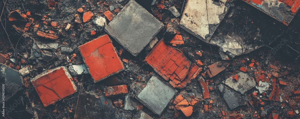 Poster colorful broken tiles and bricks create a textured pattern on the urban ground surface in the aftern