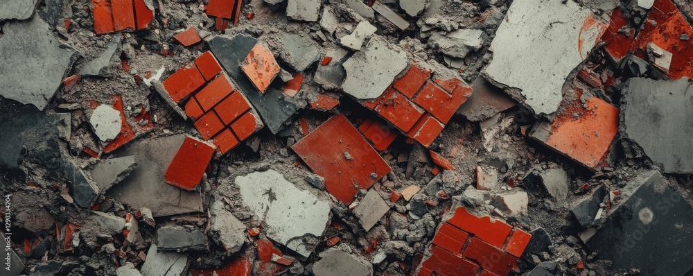 Poster colorful broken tiles and bricks create a textured pattern on the urban ground surface in the aftern