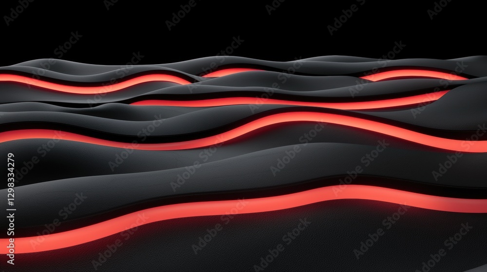 Poster a digital illustration of a wave-like pattern with alternating black and red stripes.