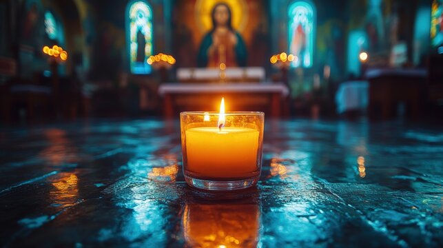 Single Lit Candle in Front of Orthodox Icon Symbolizing Easter Hope and Tranquility