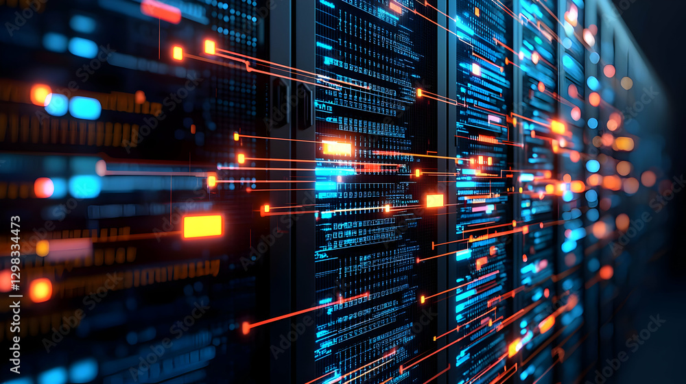 Poster blue illuminated server rack with orange data transmission lines in dark background