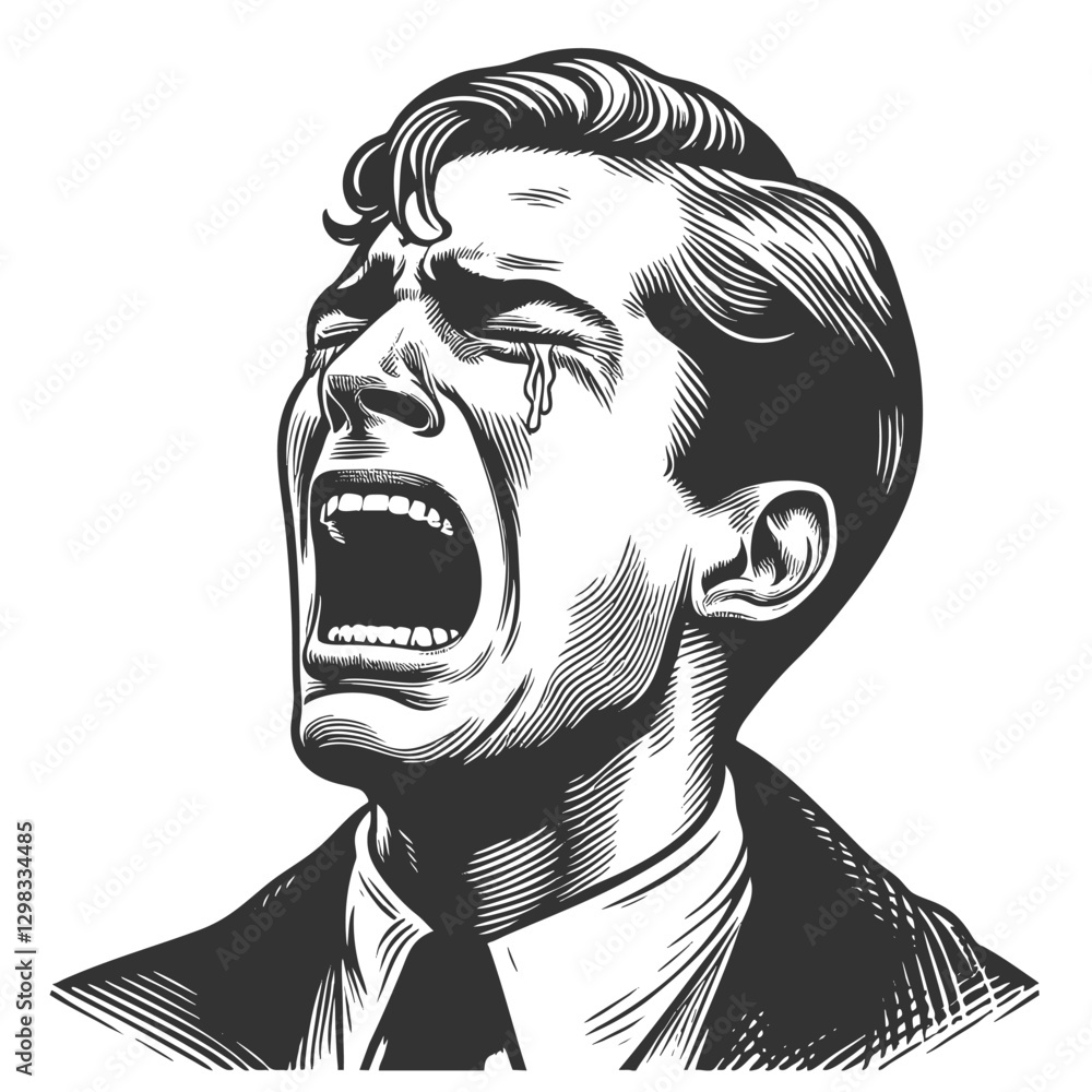Poster man in a suit, crying with an intense and emotional facial expression, symbolizing sadness and vulne