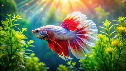 Obraz premium A vibrant betta, scales of white and red, thrives amidst lush aquatic plants.
