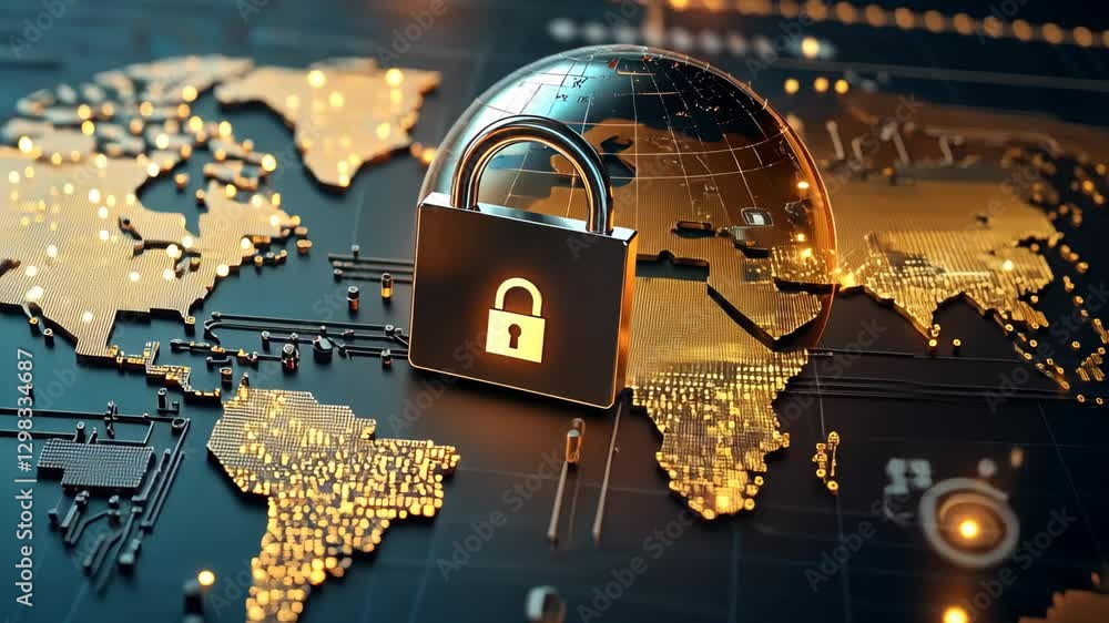 Poster Data processing and security represented by a padlock on a globe with a world map at night, data processing and padlock over globe and world map