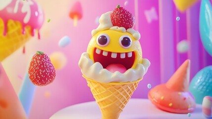 A quirky ad for a new ice cream brand featuring fun animations and vibrant colors
