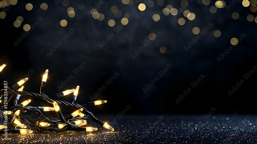 Poster golden string lights sparkling against a dark background with bokeh effect