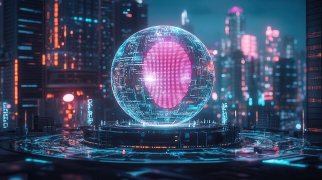 Futuristic digital globe with glowing cityscape at night