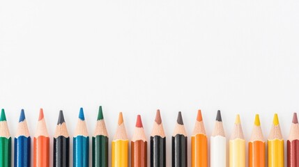 Fototapeta premium Colored Pencils Arranged Horizontally on White Background