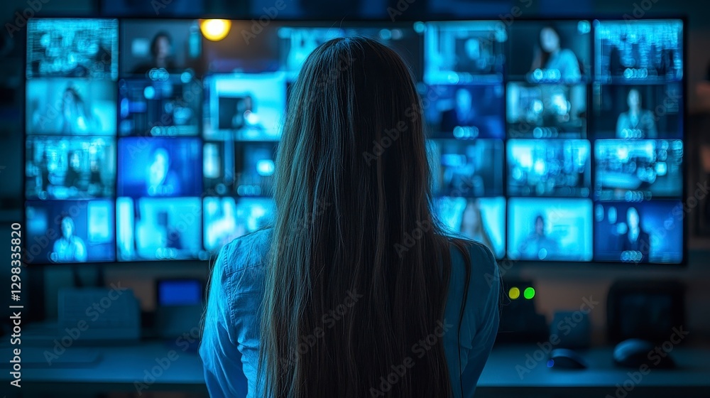 Poster woman watching multiple video streams on large display screen