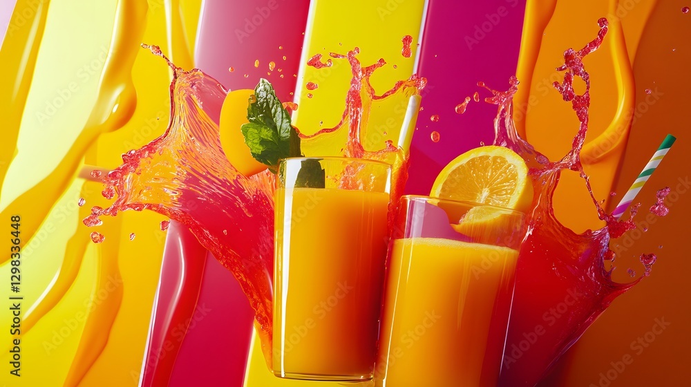 Poster zesty juice splash: a vibrant and refreshing scene featuring a close-up of a juice splash with two g