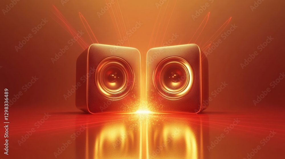 Poster 3D speakers producing vibrant light waves in a dynamic display of sound and color in a modern setting. Generative AI