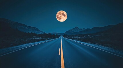Empty Highway Stretching into the Horizon Under Glowing Full Moon