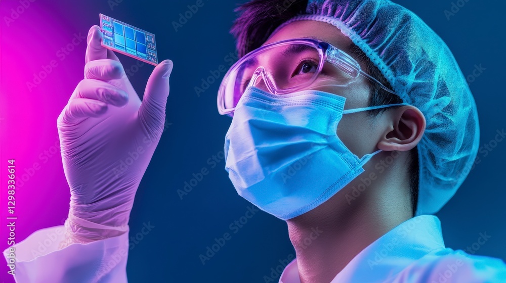 Poster scientist in lab examining microchip with purple lighting background