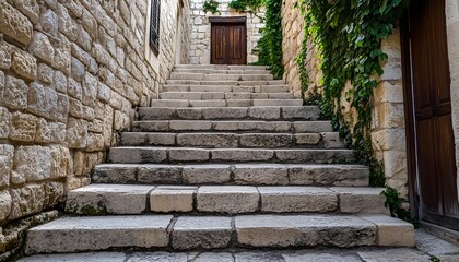 Obraz premium Stone steps lead to a wooden door in an old town